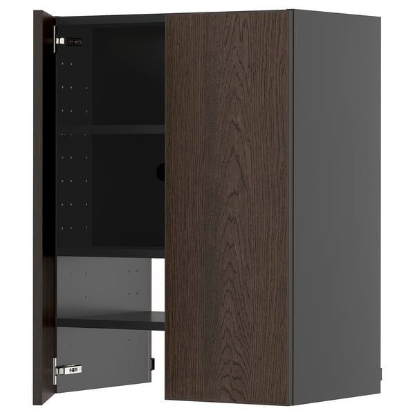 METOD wall cb f extr hood w shlf/door, black-grey/Sinarp brown, 60x80 cm