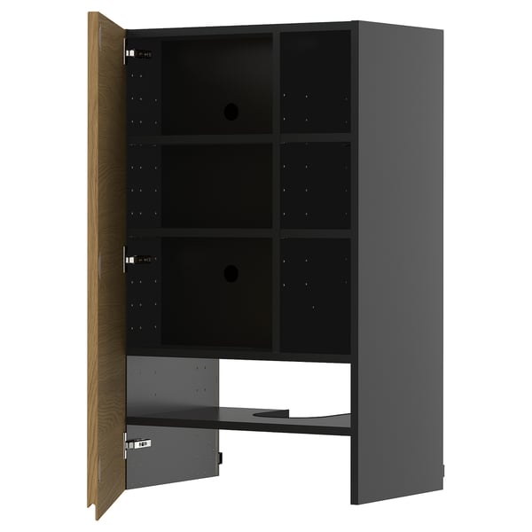 METOD wall cb f extr hood w shlf/door, black-grey/Voxtorp oak effect, 60x100 cm