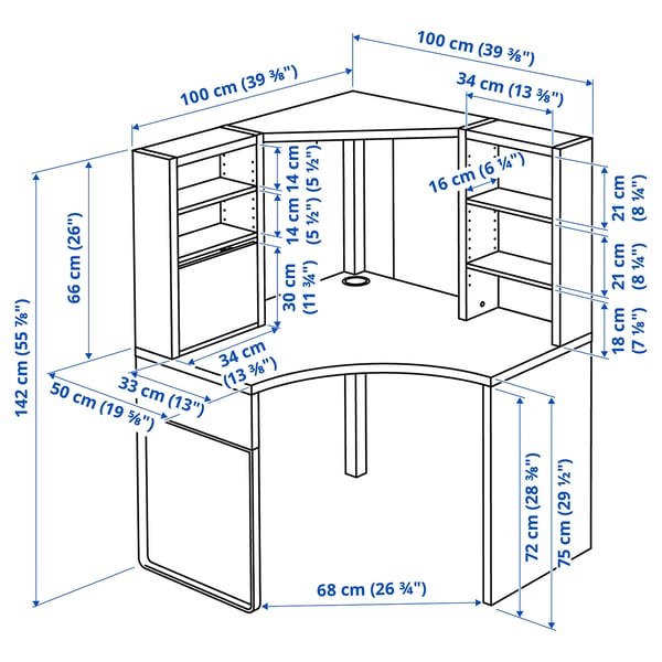 MICKE corner workstation, white, 100x142 cm