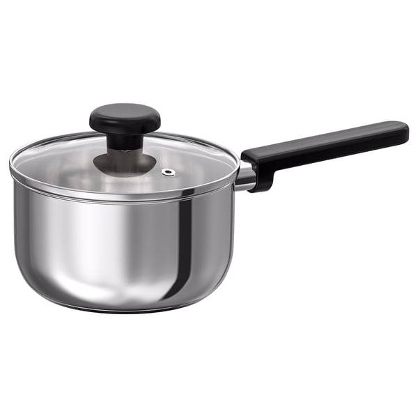 MIDDAGSMAT saucepan with lid, clear glass/stainless steel, 2 l