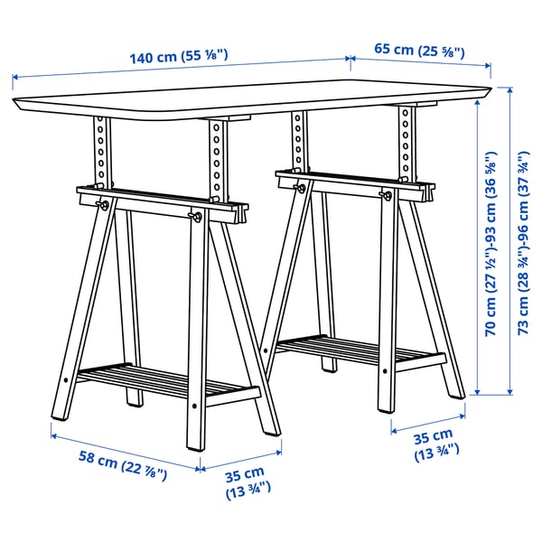MITTBACK trestle, white solid wood, 58x70/93 cm
