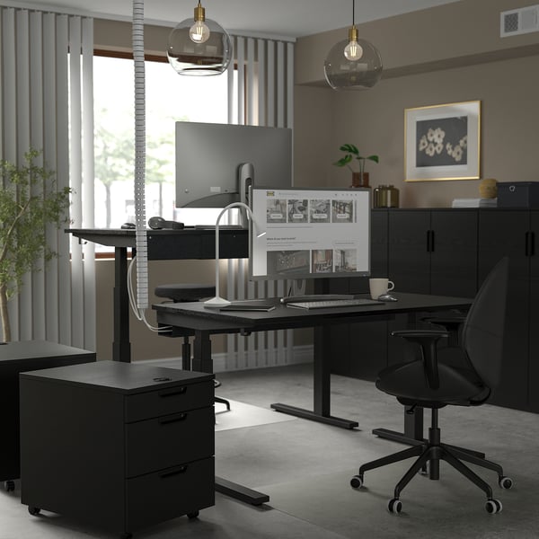 MITTZON desk sit/stand, electric black stained ash veneer/black, 140x80 cm