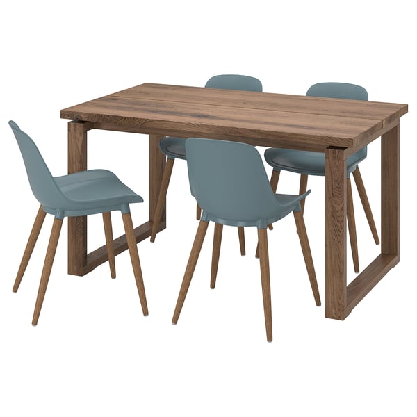 MÖRBYLÅNGA / GRÖNSTA table and 4 chairs, oak veneer brown stained/grey-turquoise, 140x85 cm