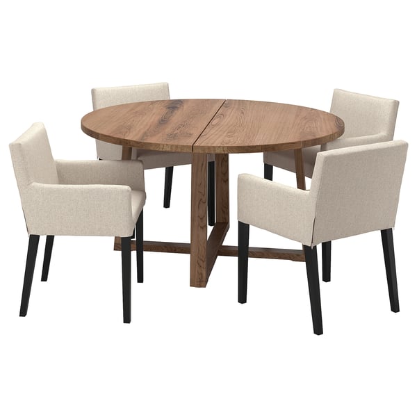 MÖRBYLÅNGA / MÅRENÄS table and 4 chairs with armrests, oak veneer brown stained/black Gunnared beige, 145 cm