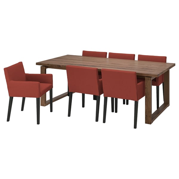 MÖRBYLÅNGA / MÅRENÄS table and 6 armchairs, oak veneer black/Gunnared red-brown, 220 cm