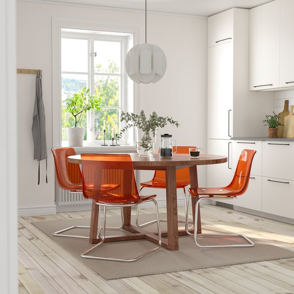 MÖRBYLÅNGA / TOBIAS table and 4 chairs, oak veneer brown stained/brown-red chrome-plated, 145 cm