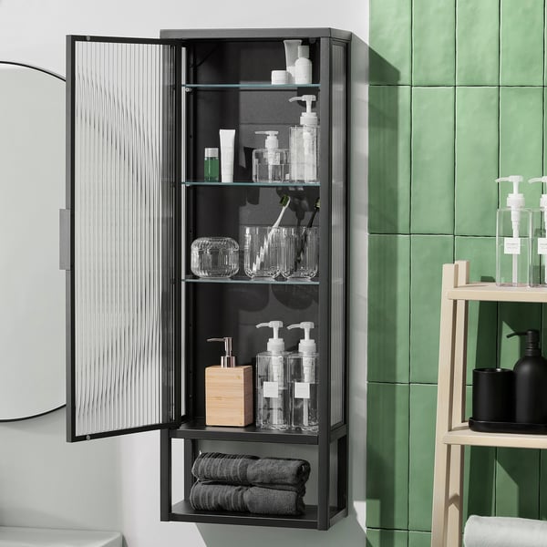 MOSSJÖN wall cabinet w shelves/glass door, anthracite, 36x18x102 cm