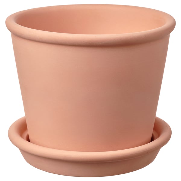MUSKOTBLOMMA plant pot with saucer, in/outdoor terracotta, 12 cm