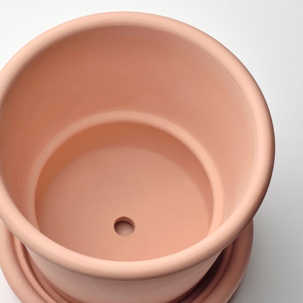 MUSKOTBLOMMA plant pot with saucer, in/outdoor terracotta, 15 cm