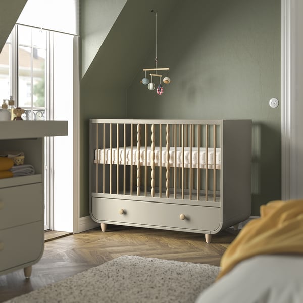 MYLLRA cot with drawer, beige, 60x120 cm