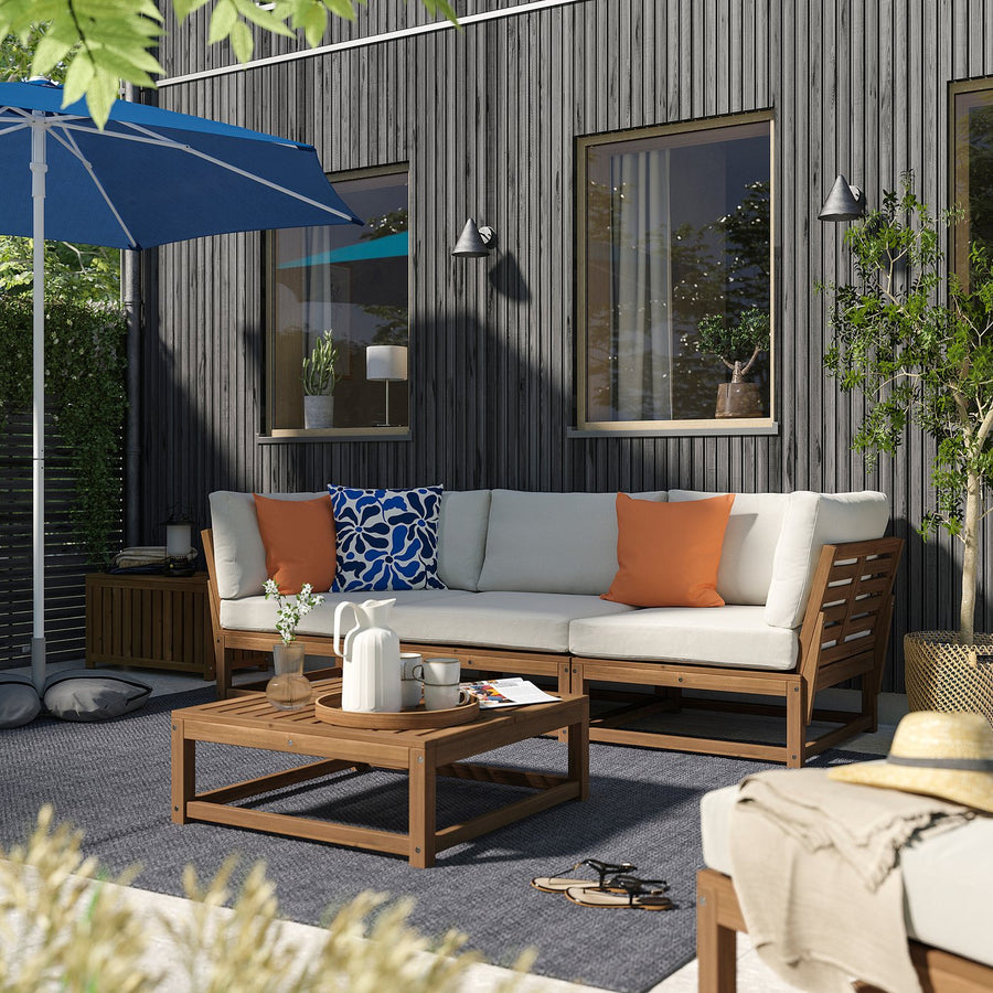 NÄMMARÖ 3-seat modular sofa, outdoor armrests/light brown stained Frösön/Duvholmen beige, 264 cm