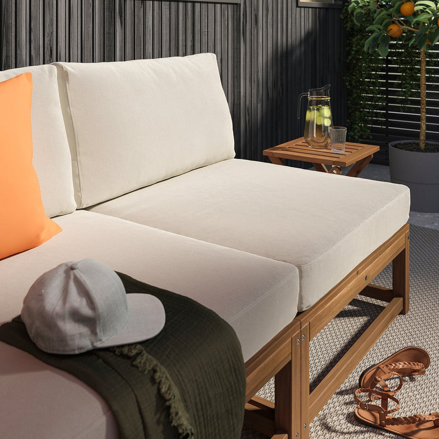 NÄMMARÖ 4-seat mod sofa w chaise longue, outdoor light brown stained/Frösön/Duvholmen beige, 243x86x173 cm