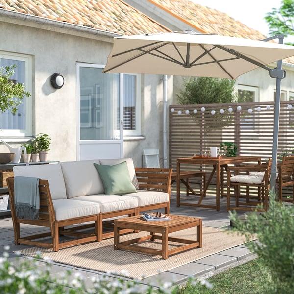 NÄMMARÖ 3-seat modular sofa, outdoor, armrests light brown stained/Frösön/Duvholmen beige, 210x86x74 cm