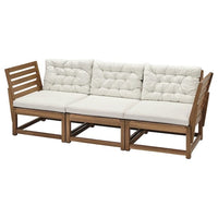 NÄMMARÖ 3-seat modular sofa, outdoor, armrests light brown stained/Kuddarna light grey-beige, 210 cm