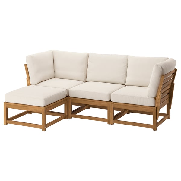 NÄMMARÖ 3-seat modular sofa, outdoor, with footstool light brown stained/Frösön/Duvholmen beige, 210x86x137 cm