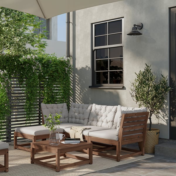 NÄMMARÖ 3-seat modular sofa, outdoor, with footstool light brown stained/Kuddarna light grey-beige, 210x80x137 cm