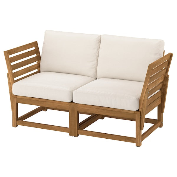 NÄMMARÖ 2-seat modular sofa, outdoor armrests/light brown stained Frösön/Duvholmen beige, 147 cm