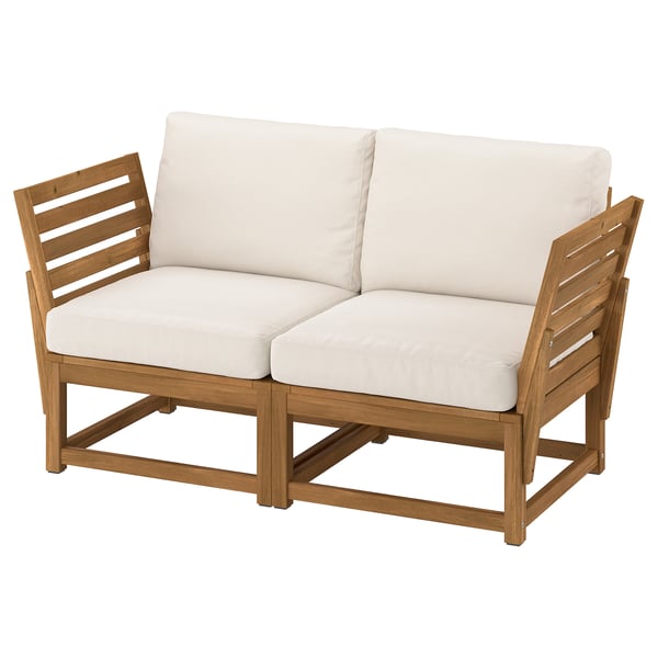 NÄMMARÖ 2-seat modular sofa, outdoor armrests/light brown stained Frösön/Duvholmen beige, 147 cm
