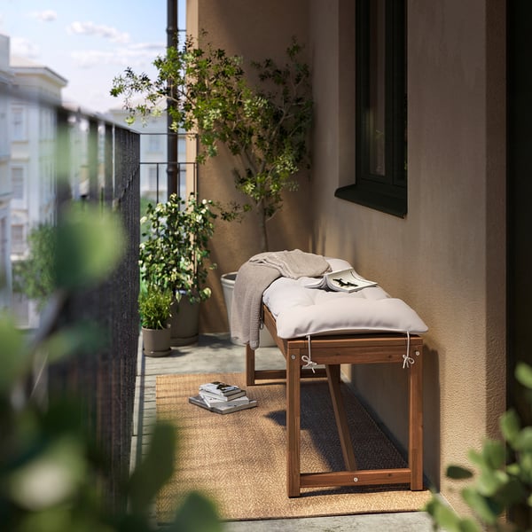 NÄMMARÖ bench with cushion, light brown stained/Kuddarna light grey-beige, 120 cm