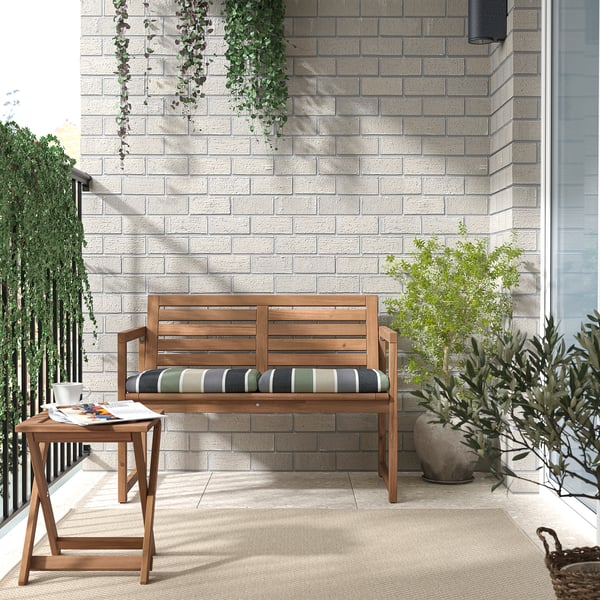 NÄMMARÖ bench with backrest, outdoor, light brown stained/Frösön/Duvholmen stripe pattern, 100x78x62 cm