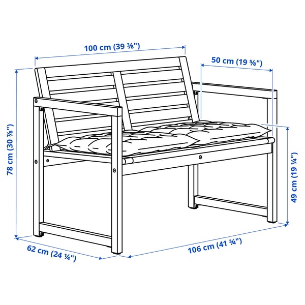 NÄMMARÖ bench with backrest and cushions, light brown stained/Kuddarna light grey-beige, 100x78x62 cm
