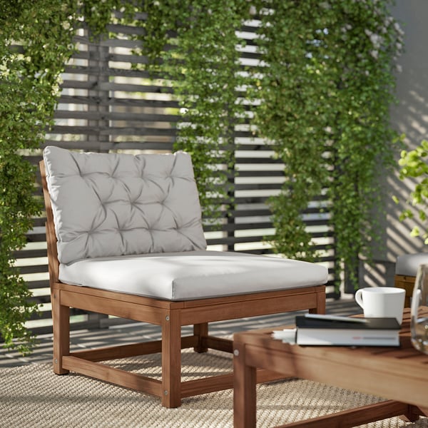 NÄMMARÖ easy chair, outdoor, light brown stained/Kuddarna light grey-beige, 63 cm
