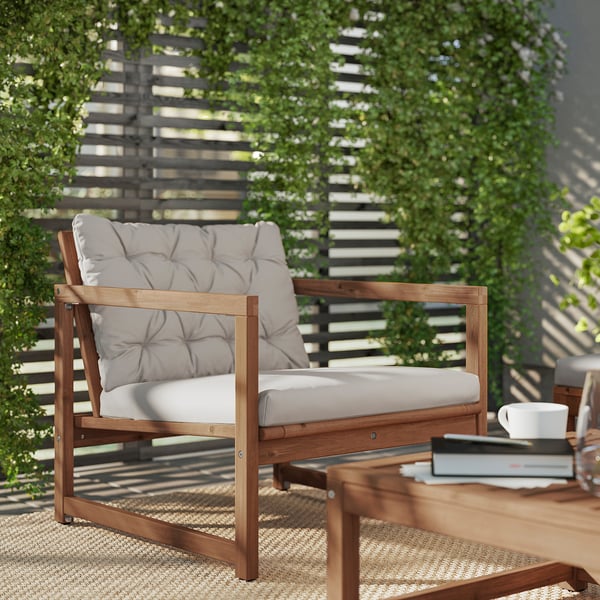 NÄMMARÖ lounge chair, outdoor, light brown stained/Kuddarna light grey-beige, 62x75x78 cm