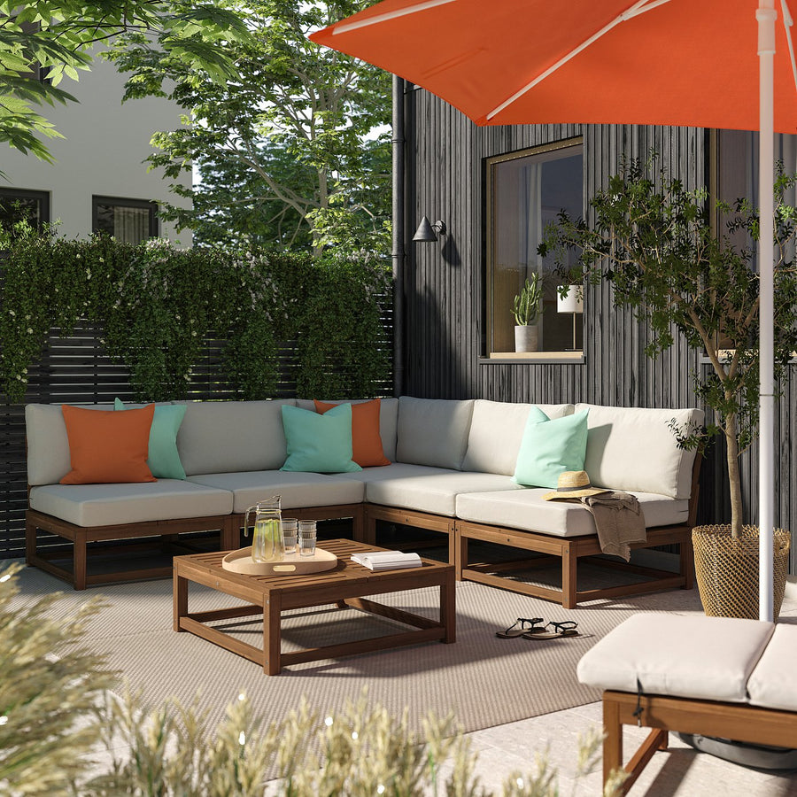 NÄMMARÖ 4-seat conversation set, outdoor, outdoor light brown stained/Frösön/Duvholmen beige, 243x86x254 cm