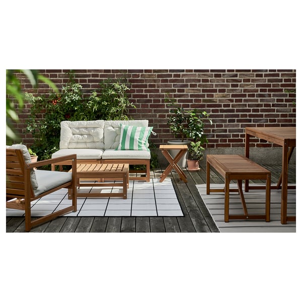 NÄMMARÖ 4-seat conversation set, outdoor, light brown stained/Kuddarna light grey-beige, 126 cm