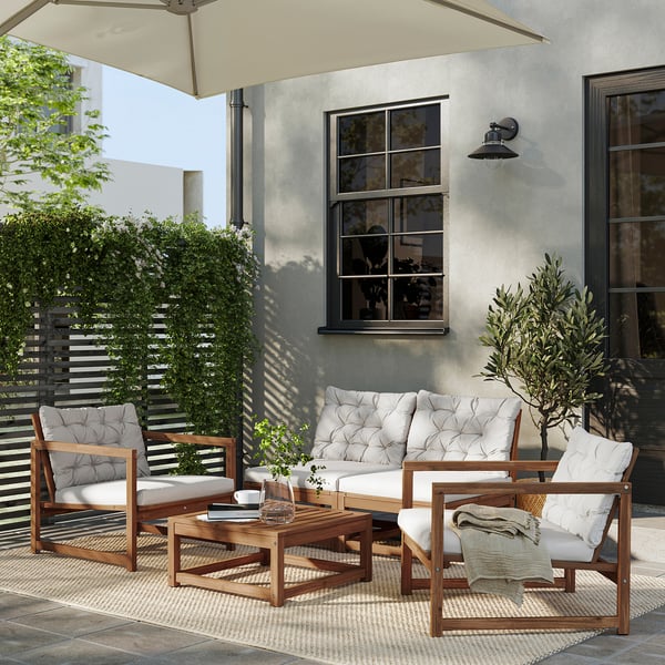 NÄMMARÖ 4-seat conversation set, outdoor, light brown stained/Kuddarna light grey-beige, 126 cm