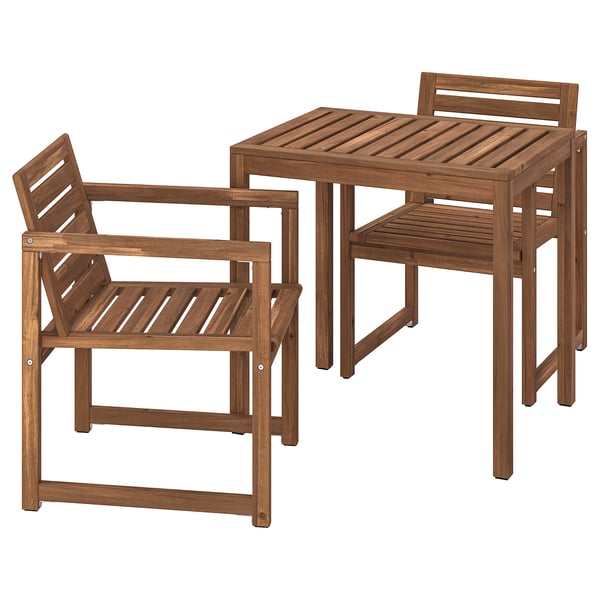 NÄMMARÖ table+2 chairs w armrests, outdoor, light brown stained, 75 cm