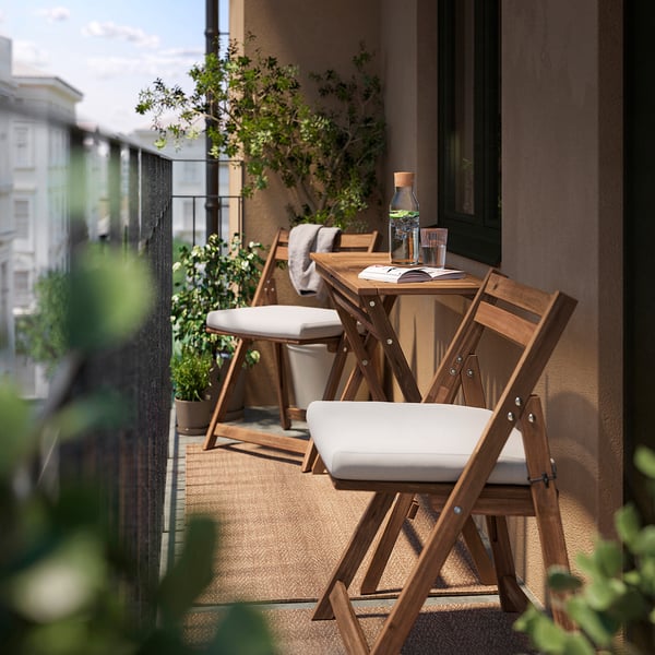 NÄMMARÖ table and 2 folding chairs, outdoor, foldable light brown stained/Frösön/Duvholmen beige, 108x37 cm