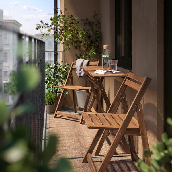NÄMMARÖ table and 2 folding chairs, outdoor, foldable light brown stained, 108x37 cm
