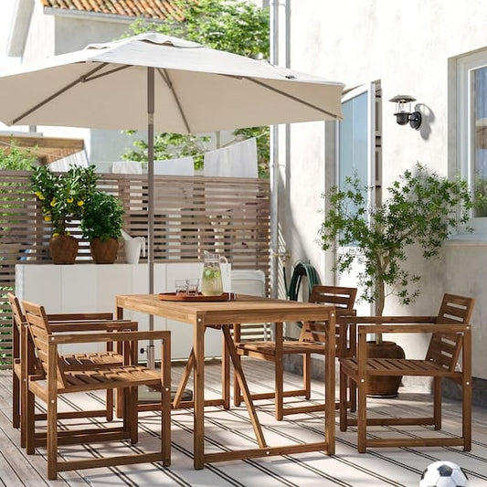 Ikea NÄMMARÖ - Table+4 chairs w armrests, outdoor, light brown stained, 140 cm