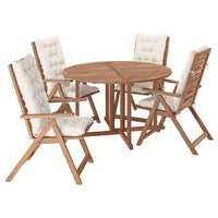 NÄMMARÖ table+4 reclining chairs, outdoor, light brown stained/Kuddarna light grey-beige, 130 cm