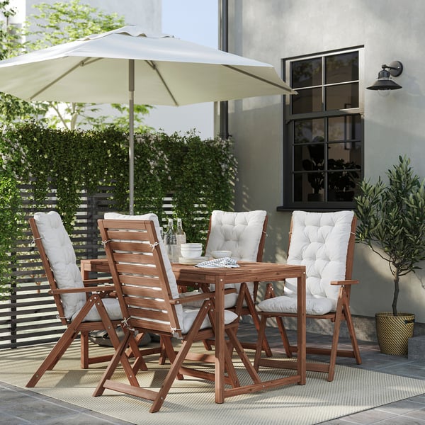 NÄMMARÖ table+4 reclining chairs, outdoor, light brown stained/Kuddarna light grey-beige, 140x75 cm