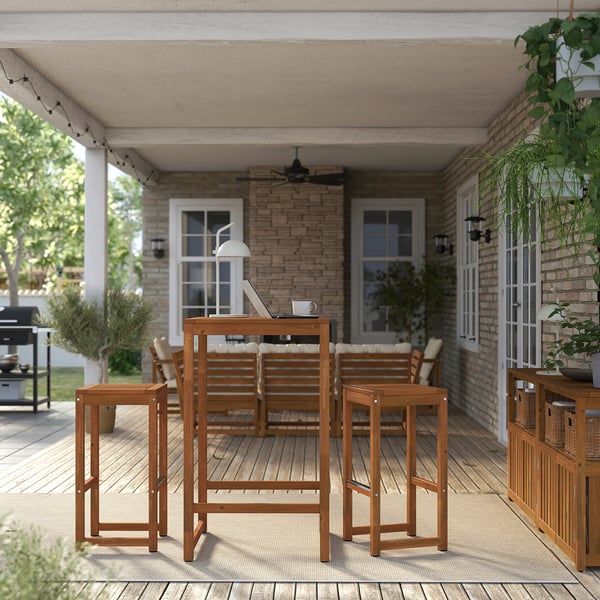 NÄMMARÖ bar table and 2 bar stools, outdoor, light brown stained, 63x63 cm