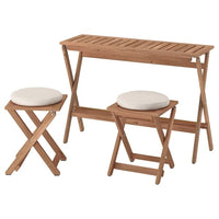 NÄMMARÖ table and 2 stools, outdoor, light brown stained foldable/foldable Frösön/Duvholmen beige, 108x37 cm