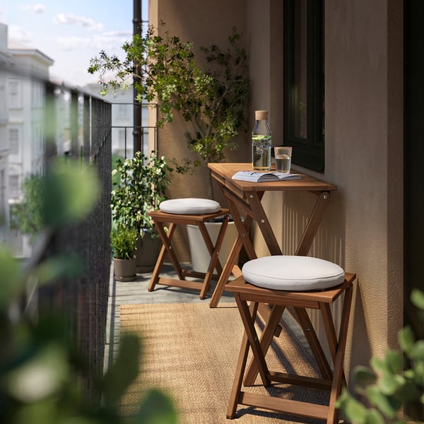 NÄMMARÖ table and 2 stools, outdoor, light brown stained foldable/foldable Frösön/Duvholmen beige, 108x37 cm