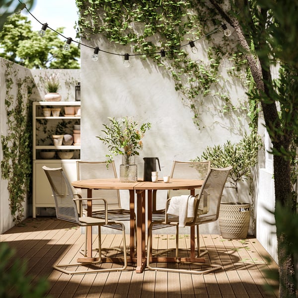 NÄMMARÖ / VÄSMAN table+4 chairs w armrests, outdoor, light brown stained/brown, 130 cm