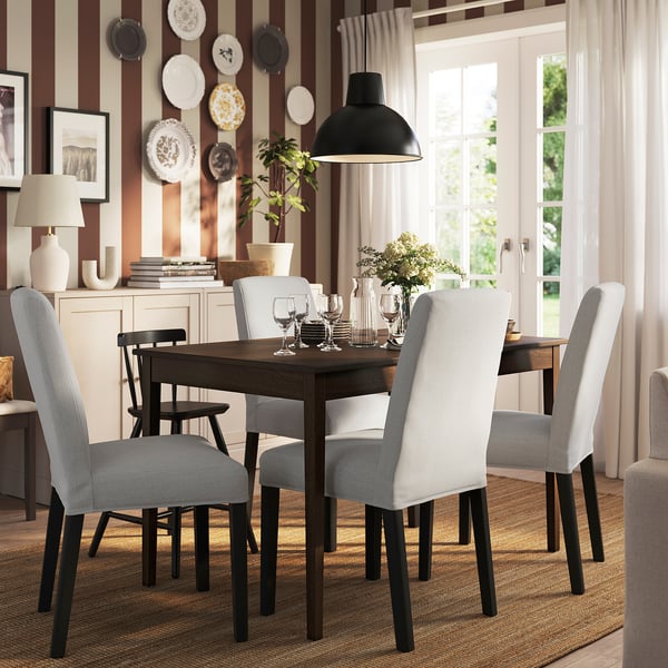 NÄSINGE / BERGMUND table and 4 chairs, dark brown stained beech veener/Orrsta light grey black, 130/190x80 cm
