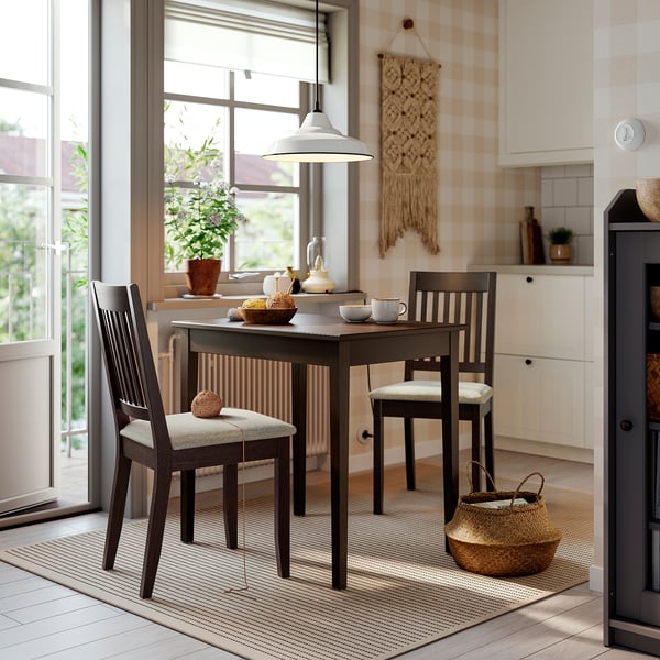 NÄSINGE / NÄSINGE table and 2 chairs, dark brown stained beech veener/dark brown Kilanda light beige, 80x60 cm