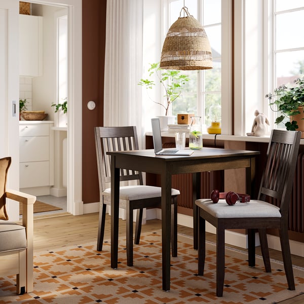 NÄSINGE / NÄSINGE table and 2 chairs, dark brown stained beech veener/dark brown Kilanda light beige, 80x60 cm