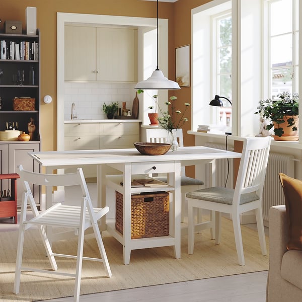 NÄSINGE / NÄSINGE table and 2 chairs, gateleg table white/white Tibbleby beige-grey, 48/104/159x85 cm