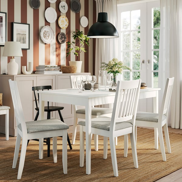 NÄSINGE / NÄSINGE table and 4 chairs, white/white Tibbleby beige-grey, 130/190x80 cm