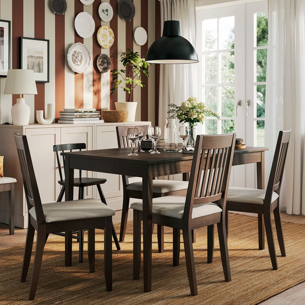 NÄSINGE / NÄSINGE table and 4 chairs, dark brown stained beech veneer/dark brown stained Kilanda light beige, 130/190x80 cm