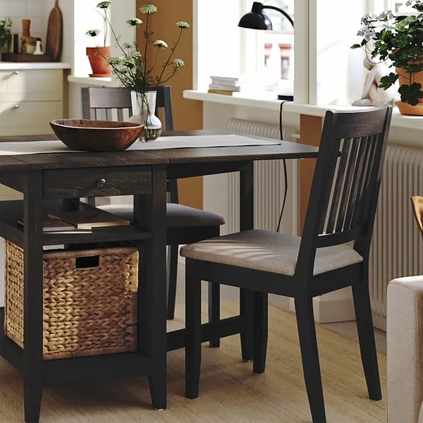 NÄSINGE gateleg table with storage, dark brown stained/beech veneer, 48/104/159x85 cm