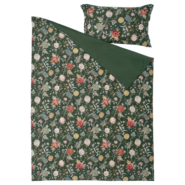 NÄSSELKLOCKA duvet cover and pillowcase, dark grey-green/multicolour, 150x200/50x80 cm