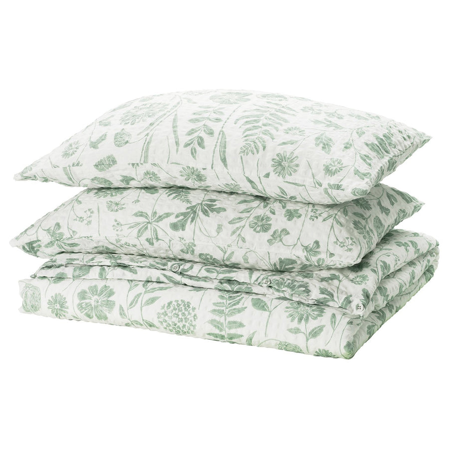 NÅLBJÖRNBÄR duvet cover and 2 pillowcases, white grey-green/floral pattern, 220x240 cm