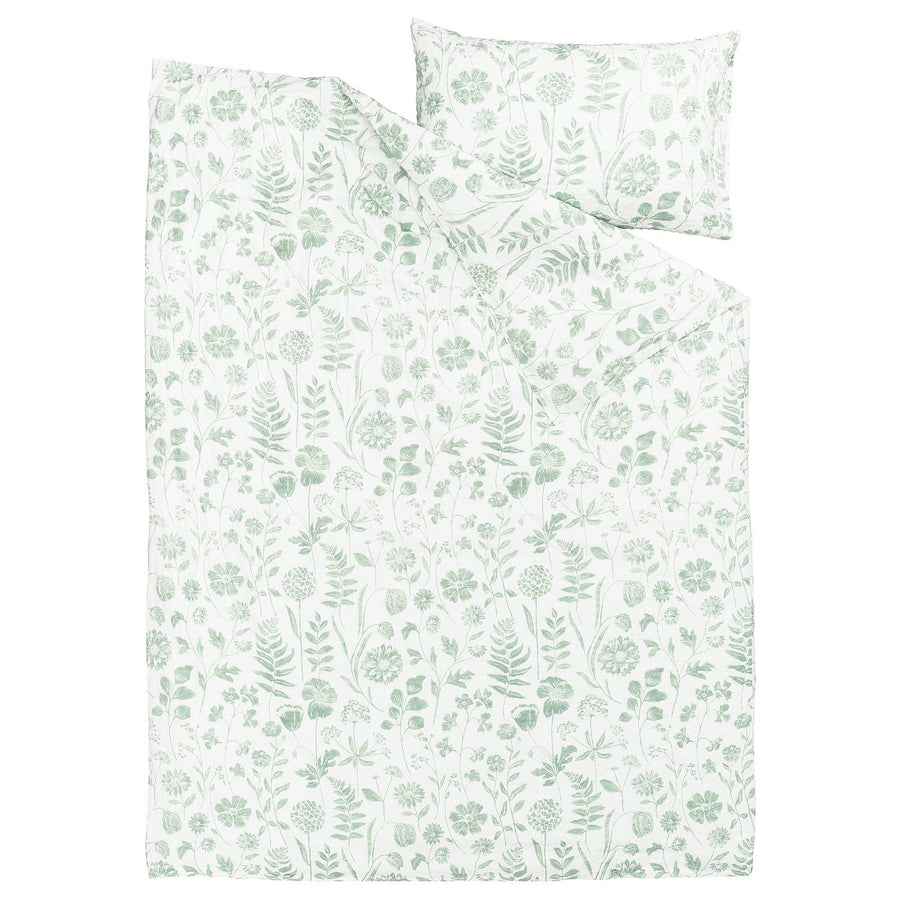 NÅLBJÖRNBÄR duvet cover and pillowcase, white grey-green/floral pattern, 200x150 cm